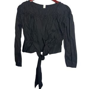 MERLETTE Smocked Blouson Sleeve Cotton Tie Waist Top In Black One Size